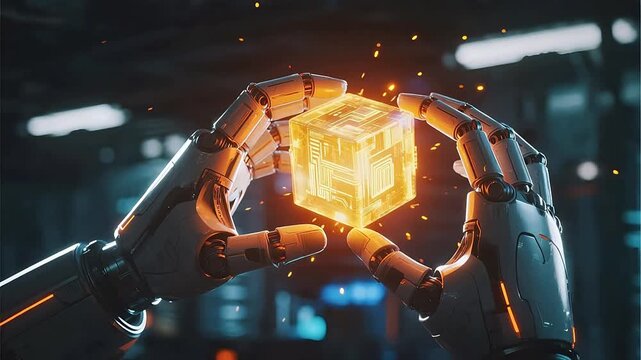 robot hands holding glowing cube