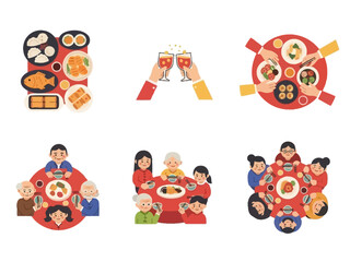 Fototapeta premium Chinese New Year Family Reunion Dinner Top View Illustration