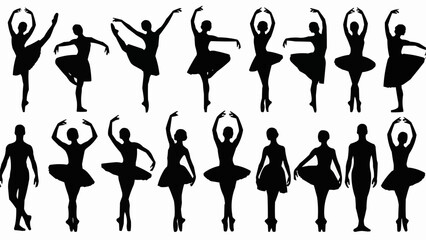 Silhouettes of ballet dancers in various poses and costumes. © Mila
