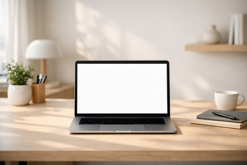 Fototapeta premium Minimalist Scandinavian home office interior with a computer notebook displaying an empty screen for design presentation on a wooden table with copy space.