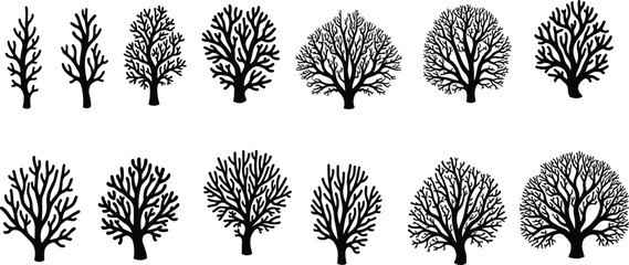 Tree silhouette vector, botanical shapes, bare branches, winter trees, nature icons, forest elements, cad drawing flat vector illustration
