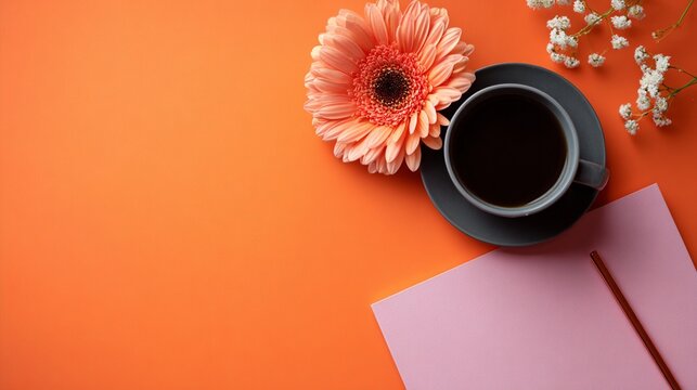 Serene morning composition with soft peach gerbera flower, black coffee cup, and pastel pink notebook on vibrant orange background with delicate white baby's breath