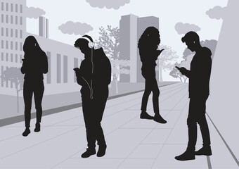 silhouettes of young people looking at their phones in the street
