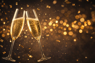 New Year Celebration with Champagne Glasses and Confetti