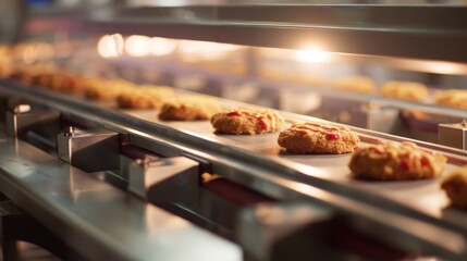 A conveyor belt is filled with freshly baked cookies