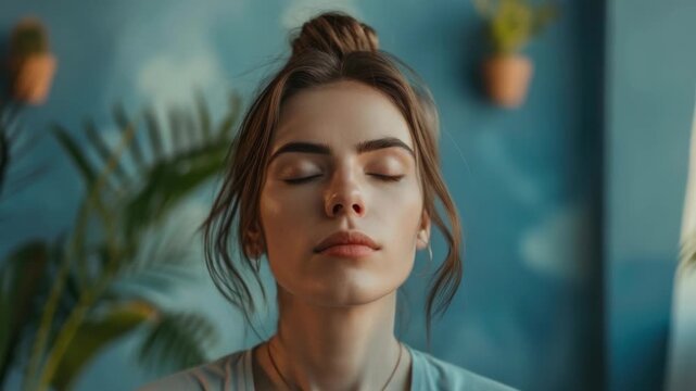 A woman in a meditative pose, closed eyes and serene expression, with an aesthetically pleasing background.