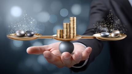 A man is holding a spoon with a ball on one side