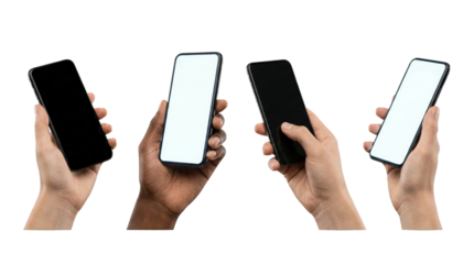 Four Hands Holding Smartphones with Blank Screens on White Background