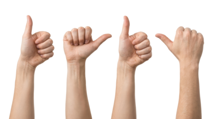 Four hands giving thumbs up and thumbs down gestures, isolated on white