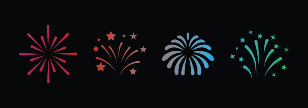 Fire works icon. Firework icon set. Fourth of July celebration symbol, Independence Day design element. Celebration banner elements design for Christmas, New year, Holiday, Anniversary, Party, Diwali 