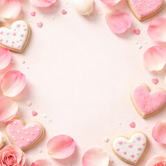 Valentine&rsquo;s Day Heart Cookies and Roses on Soft Pastel Background