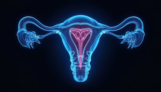 Female Reproductive System Anatomical Illustration with IUD Device, Glowing Blue and Pink