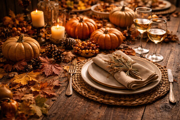 Naklejka premium Thanksgiving Harvest Table Setting with Autumn Leaves