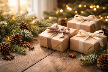 Christmas Gift Boxes with Pine Branches on Rustic Wood