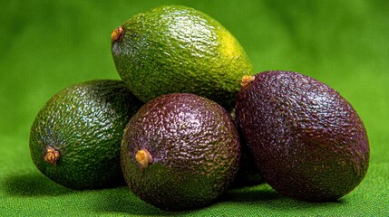 Five avocados, varying in color from green to purple, arranged against a green backdrop