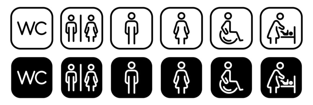 Toilet line icon set with symbols for man, woman, mother with baby and disabled person in wheelchair. Outline vector illustration for restroom signs, WC labels, public facilities design.