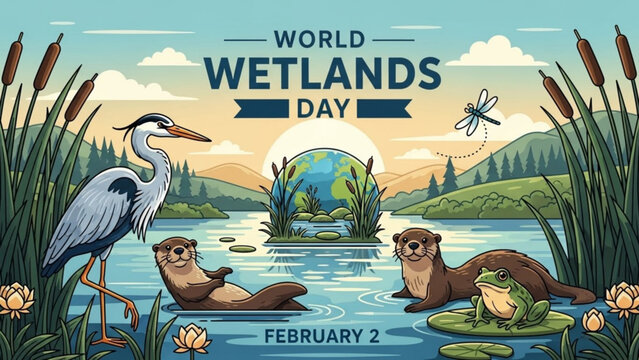World wetlands day illustration with heron otters frog and dragonfly in natural wetland habitat with earth globe with conservation and ecosystem - Powered by Adobe