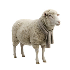 Charming White Sheep with a Soft Woolen Fleece Wearing a Cozy Grey Scarf, Standing Calmly Against an Isolated Black Background
