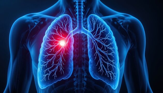 Illustration of Human Lungs with Infection Highlighted in Red Showing Respiratory Illness and Possible Lung Cancer