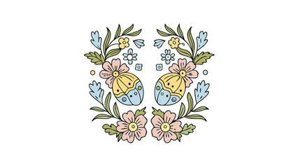 Vibrant Easter eggs surrounded by colorful flowers and leaves