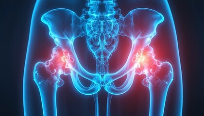 Human Pelvis Anatomy with Hip Joint Pain Indicated in Red, Rendered in Digital Illustration