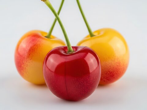 Fresh cherries and rainier cherries on white background