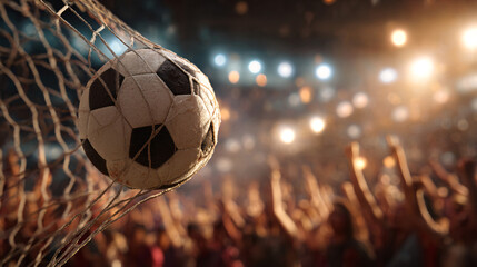 Soccer ball in stadium with dramatic lighting sparklers and bokeh effect sports background