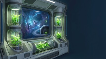 Obraz premium A futuristic scene featuring a space window with vibrant plants in glass containers, set against a cosmic background of stars and planets.