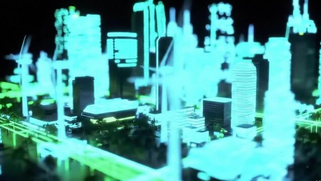 A futuristic cityscape rendered in neon blue and green wireframe, with sharp geometric buildings and elevated roadways, in the style of a 3D architectural visualization, cinematic lighting, neons glow