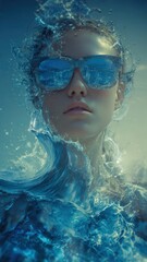 Surreal Artistic Portrait with Flowing Hair and Reflective Glasses Representing Inner World