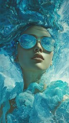 Surreal Artistic Portrait with Flowing Hair and Reflective Glasses Representing Inner World
