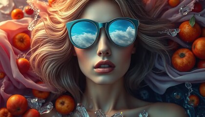 Surreal Artistic Portrait with Flowing Hair and Reflective Glasses Representing Inner World