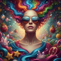 Surreal Artistic Portrait with Flowing Hair and Reflective Glasses Representing Inner World