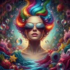 Surreal Artistic Portrait with Flowing Hair and Reflective Glasses Representing Inner World