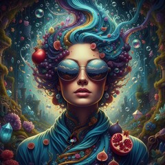 Surreal Artistic Portrait with Flowing Hair and Reflective Glasses Representing Inner World