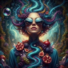 Surreal Artistic Portrait with Flowing Hair and Reflective Glasses Representing Inner World