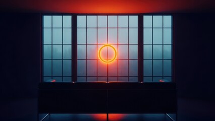 Neon lit circle on modern office desk with dark interior