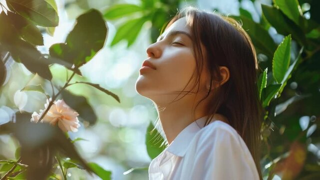 A young woman taking a moment to appreciate the scent of flowers, breathing deeply and finding joy in nature.