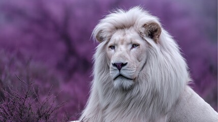 Regal white lion gazes with focused expression, soft fur and purple floral backdrop