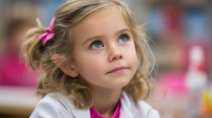 Faceless young girl in lab coat looks up at something wearing pink shirt, concept of curiosity and wonder, youth science education, defocused child, with copy space