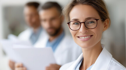 Faceless medical science laboratory beautiful smart scientist wearing white coat and glasses holds test books smiles looking at camera, diverse team of specialists medium portrait