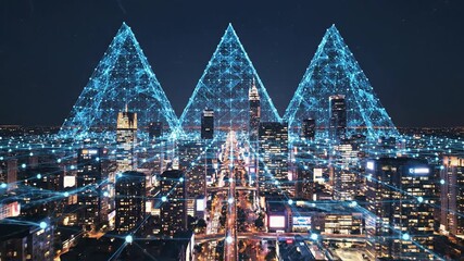 Futuristic cityscape with digital network overlay and glowing structures - Powered by Adobe
