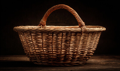 Obraz premium A wicker basket with a handle sits on a wooden surface