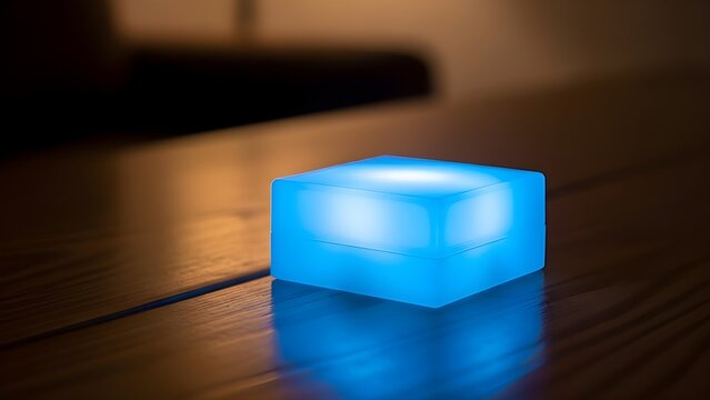 Lampu kotak biru menyala diatas meja 