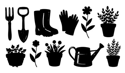 Cute watercolor garden tools and plants vector set for planners and prints