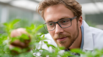 Faceless scientist examines plants in greenhouse focusing on growth and health in spring, botanical researcher, agricultural scientist, defocused person, with copy space
