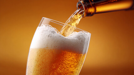 Golden beer pours from bottle into tall glass, creating thick foam and visible bubbles. Warm gradient background adds sense of refreshment and movement. Beer foam rising in tall glass