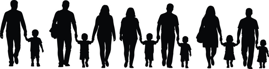 Silhouettes of multiple families walking hand in hand, symbolizing unity, love, parenting, and togetherness across generations in minimalist style