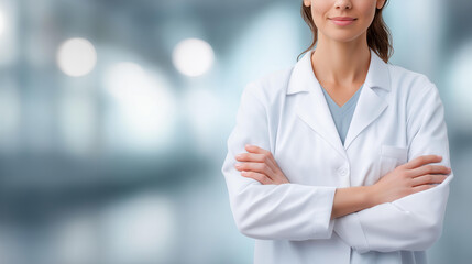Faceless woman in lab coat standing in laboratory, scientific researcher, medical professional setting, clinical workspace environment, healthcare specialist, defocused person, wit