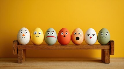 Seven expressive eggs with painted faces sit on a wooden bench against a yellow backdrop